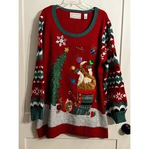 Merry And Bright Ugly Cat Christmas Sweater Embellished Red Green Sz 2X